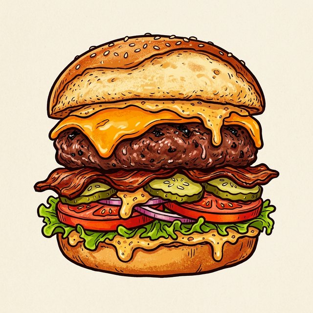 Detail vrstev gourmet burgeru — maso, sýr, zelenina