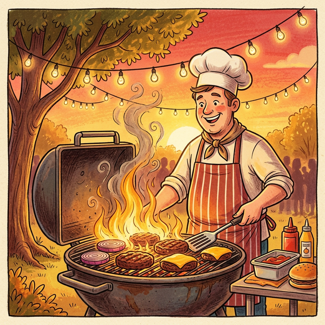 Šéfkuchař griluje burgery na otevřeném ohni