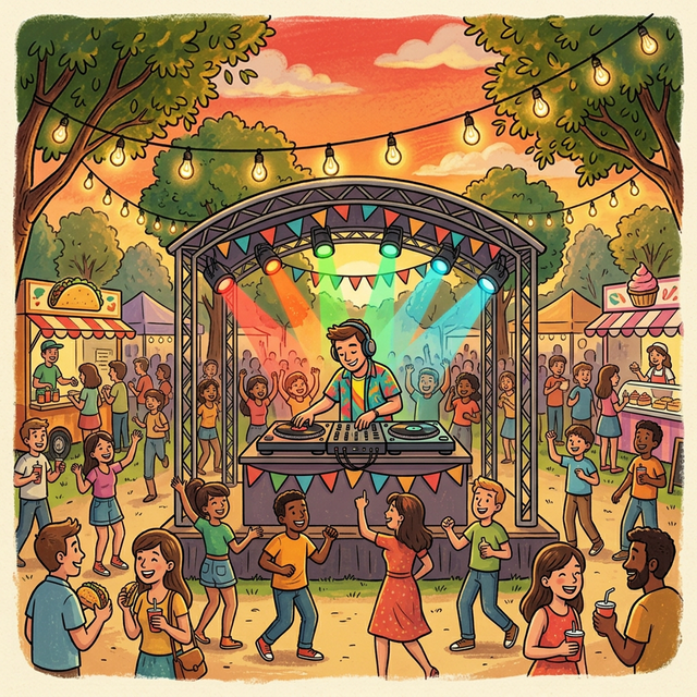 DJ hraje na letním food festivalu, lidé tancují