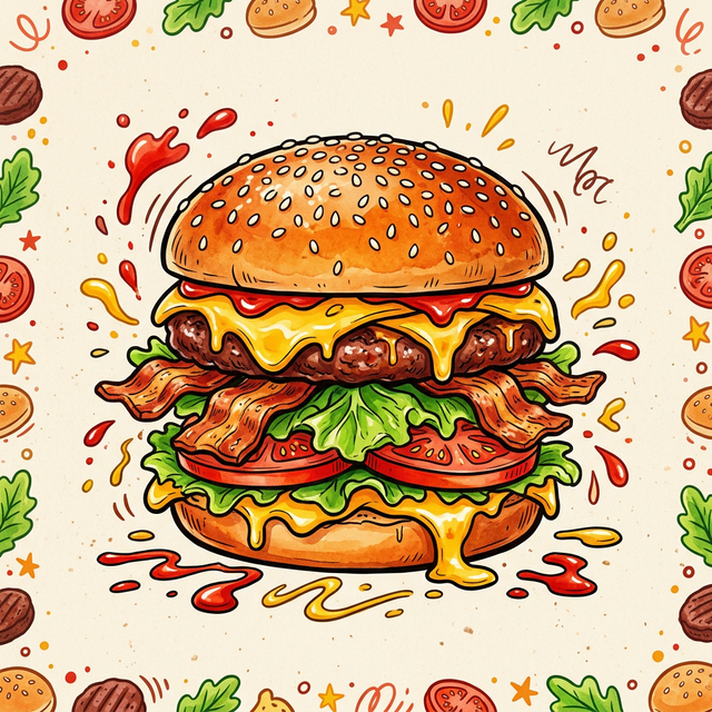 Velký šťavnatý DELISH burger s rozteklým sýrem a křupavým bekonem