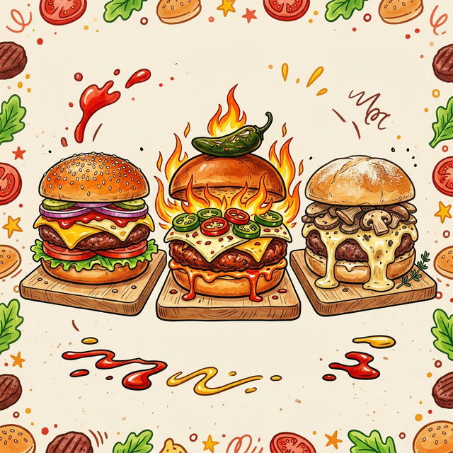 Tři různé gourmet burgery na dřevěných prkénkách