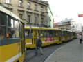 Kolona tramvají v Palackého ulcii při odklonění linek ze sadů Pětatřicátníků v době nehody 24. 11. 2005
Foto: F. V.