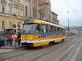 Předvolební tramvaj (T3M č. 229) propagující návrh KDU ČSL na zavedení MHD v Plzni zdarma